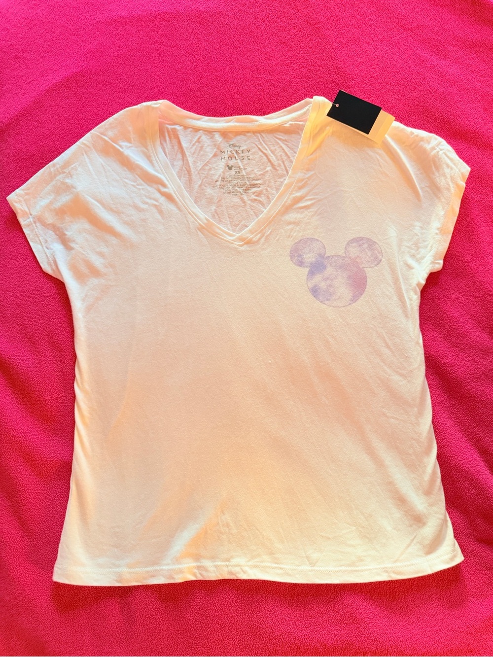 Disney Women’s White V-Neck Tee with Purple Tie-Dye Mickey Print
